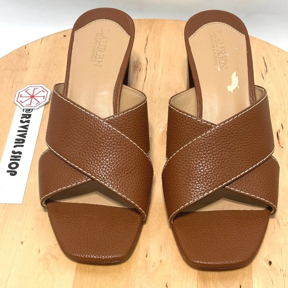 LAUREN Ralph Lauren Women's Brown Leather Slip On Strappy Freddi Sandal- Size 7B